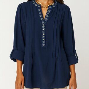 Ava & Grace 3/4 Sleeve Navy Embellished V-Neck Blouse Pintuck Pleats